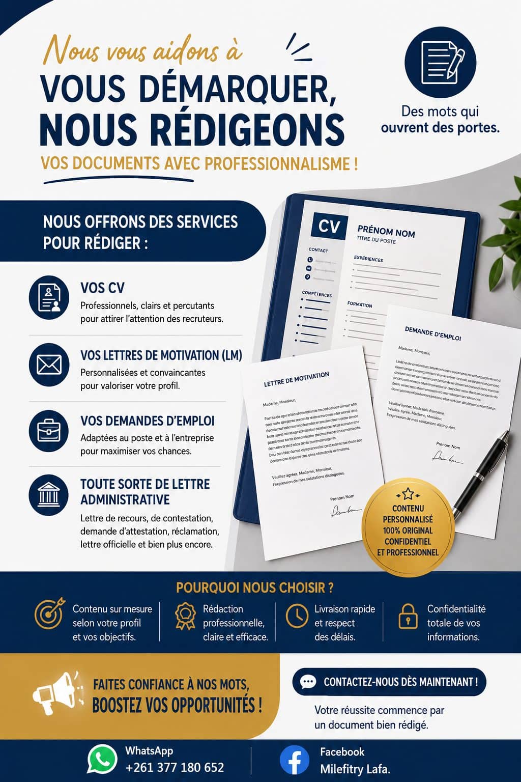 📝 CV, Lettres de motivation et Documents administratifs – Rédaction professionnelle rapide et efficace